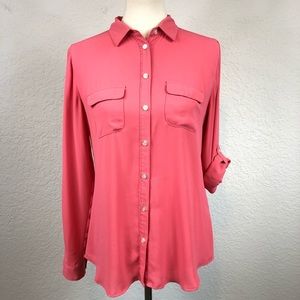 Loft Coral‎ Pink Semi Sheer Button Down Blouse Sz S